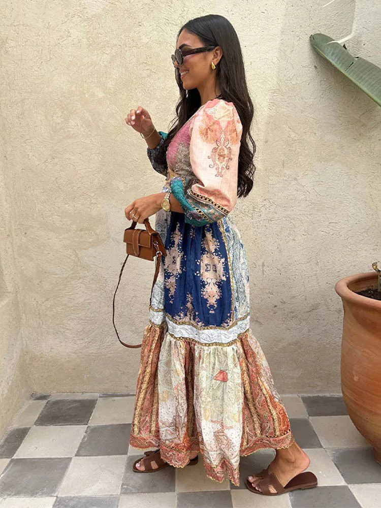 Vintage Print Lantern Sleeves Maxi Dress Women Elegant Vneck High Waist Aline Dresses Casual Vocation Streetwear Vestidos 240321wtt - view 5