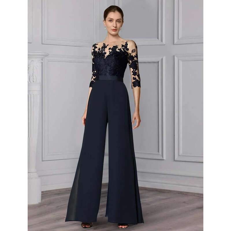 Mother Elegant Jumpsuits Of The Bride Dresses Sheer Long Sleeves Lace Applique Chiffon Evening Party Gowns Pantsuits Plus Size Guest S Dress BC