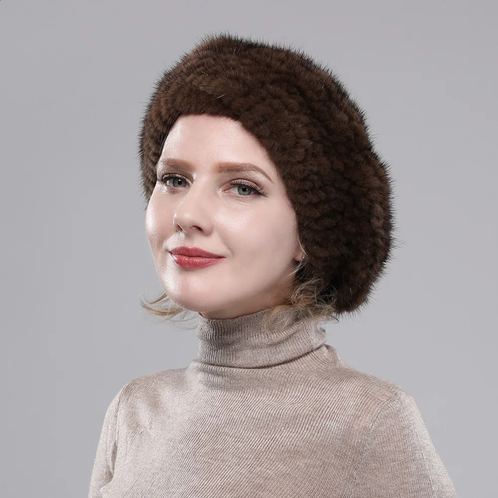 Real Mink Fur Berets Elegant Womens Winter Caps n Fashion Hats Knitted Warm Natural Beanies Hat 241105
