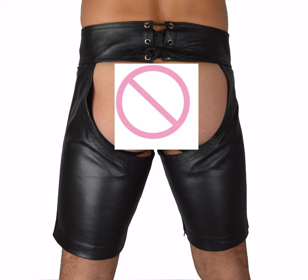 Sexy Lingerie Gay Men Faux Leather Lace Up Pants Black Mens Latex PVC Bondage Open Cortch Shorts Gothic Fetish 241105