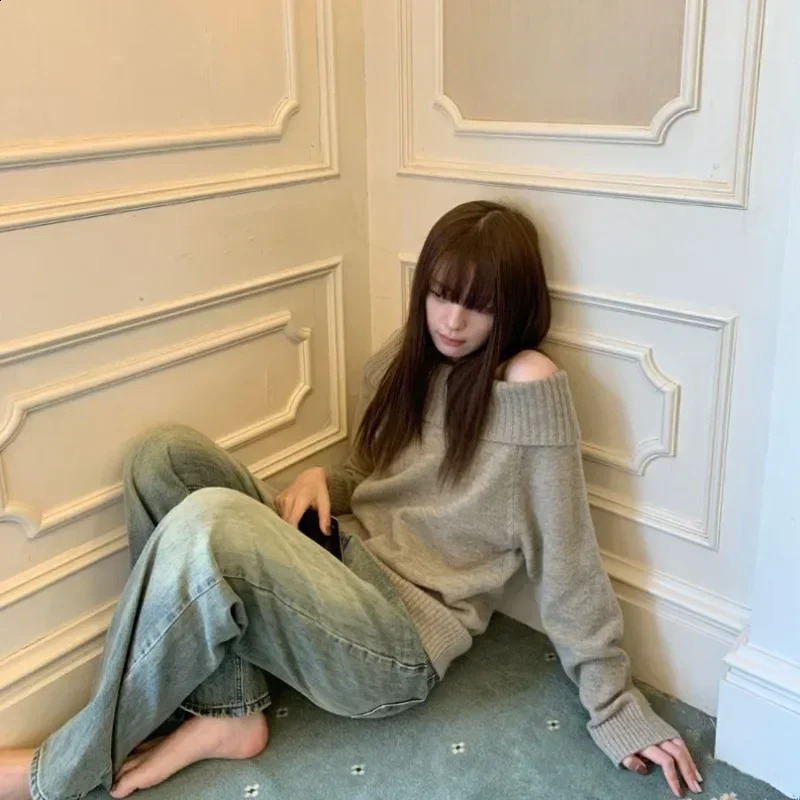 Deeptown Vintage Japanese Style Sweater Women Solid Sexy Off Shoulder Knitwear Y2k Long Sleeve Jumper Slash Neck Causal Harajuku 241105
