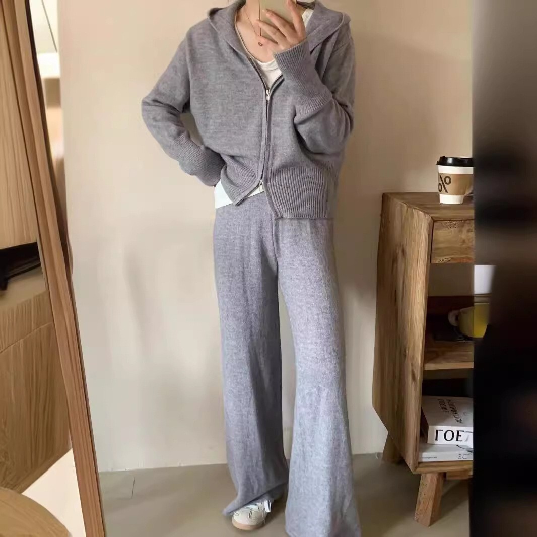 Korean Fashion Pants Fall And Winter Women's Casual Zipper Hooded Knitted Cardigan Loose Trousers 2Pcs Track Suit