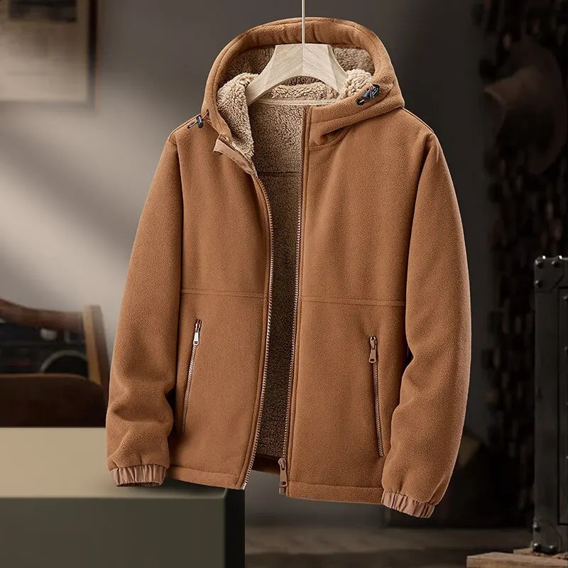 AutumnWinter Fashion Solid Color Plus Fleece Thick Warm Hooded Coat Mens Casual Loose Size Comfortable Jacket 241105