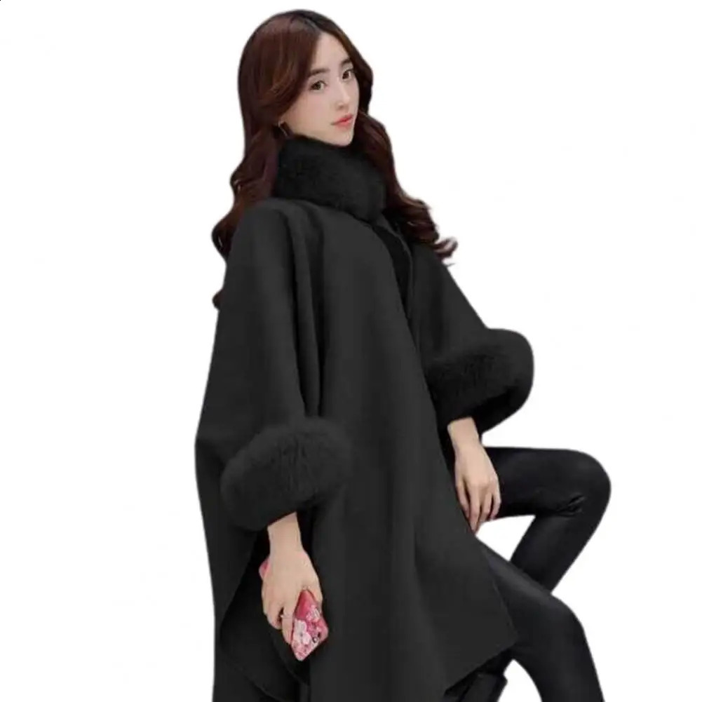 Ladies Cape Coat Solid Color Faux Fur Collar Autumn Winter Warm Loose Mid Length Poncho Jacket For Everyday Wear Bohemian Shawl 241105