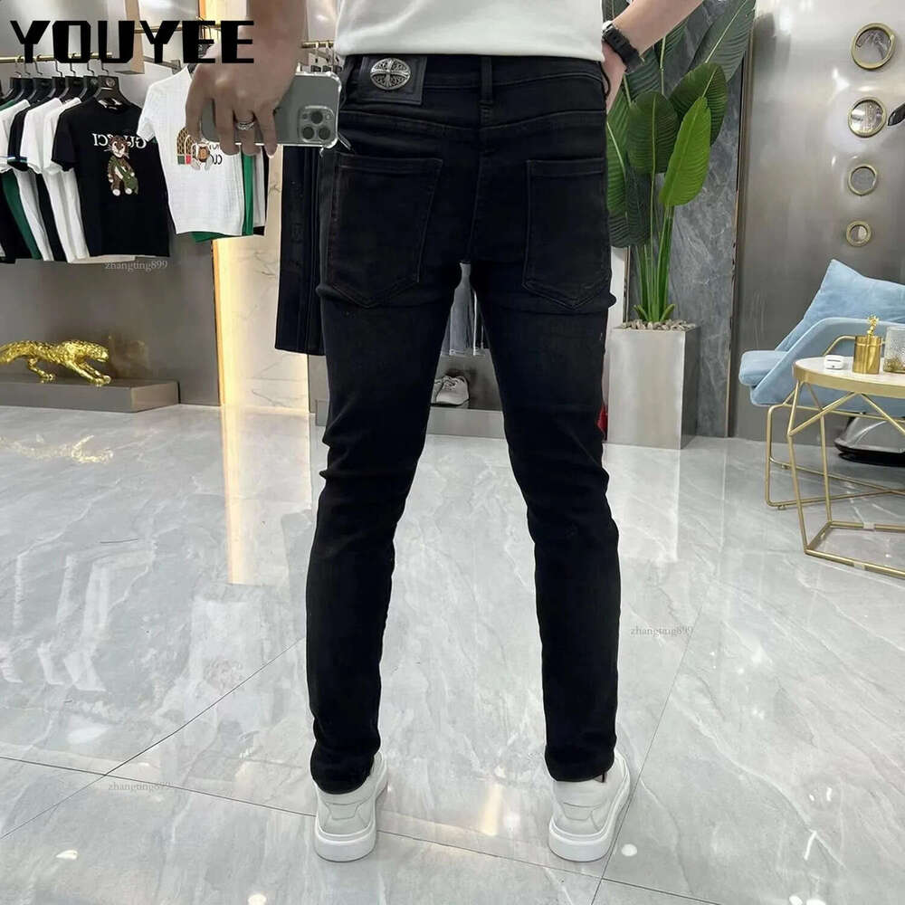 Men Jeans Black Drill Rhinestones Rivet Destroyed Ripped Skinny Leggings Stretch Denim Streetwear Male Pants 240821