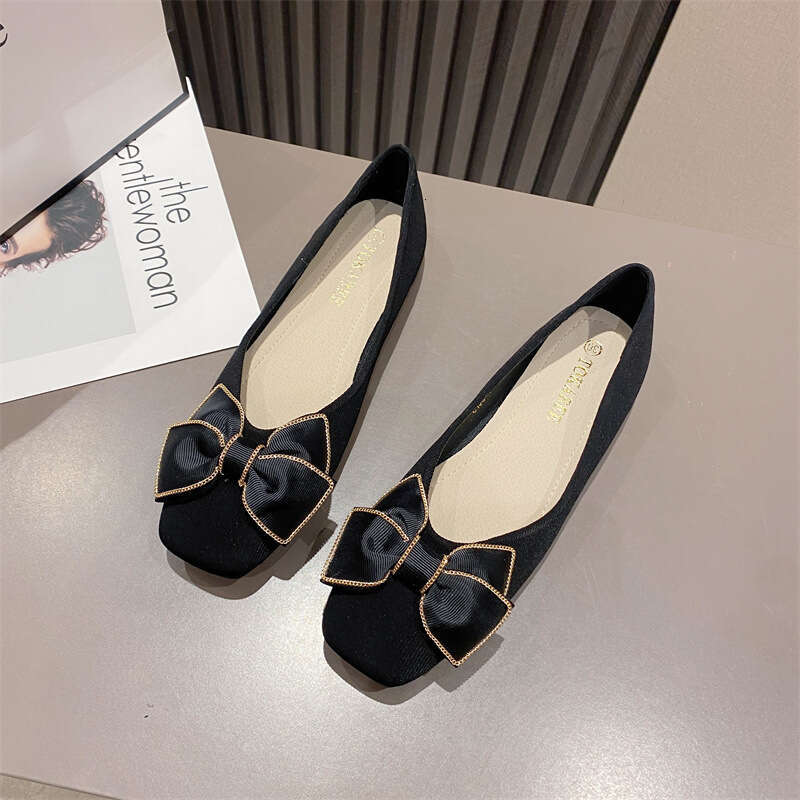 2023 Summer New Korean Butterfly Flat Versatile Cloth Face Square Head Single Soft Soled Evening Shoes For Women