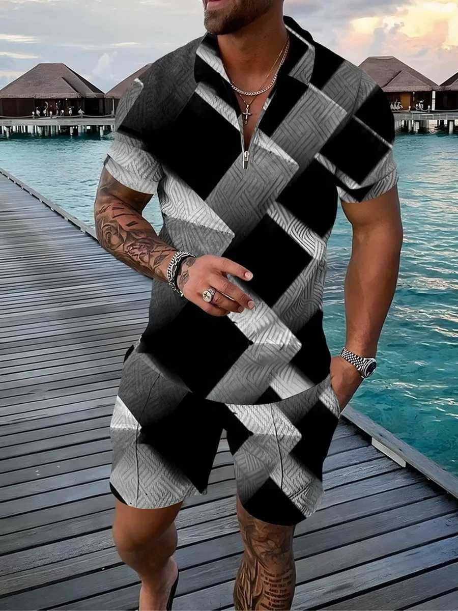 Mens shirt set 3D color geometric print summer sportswear 2-piece set popular zipper shirt+beach shorts W241104
