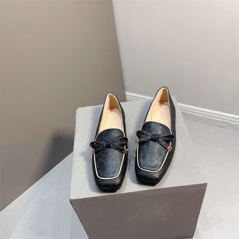 Korean Version Autumn Flat Bottom Bow Single Shoe Print New Chinese Style Small Leather Fashionable And Versatile Bean Shoes