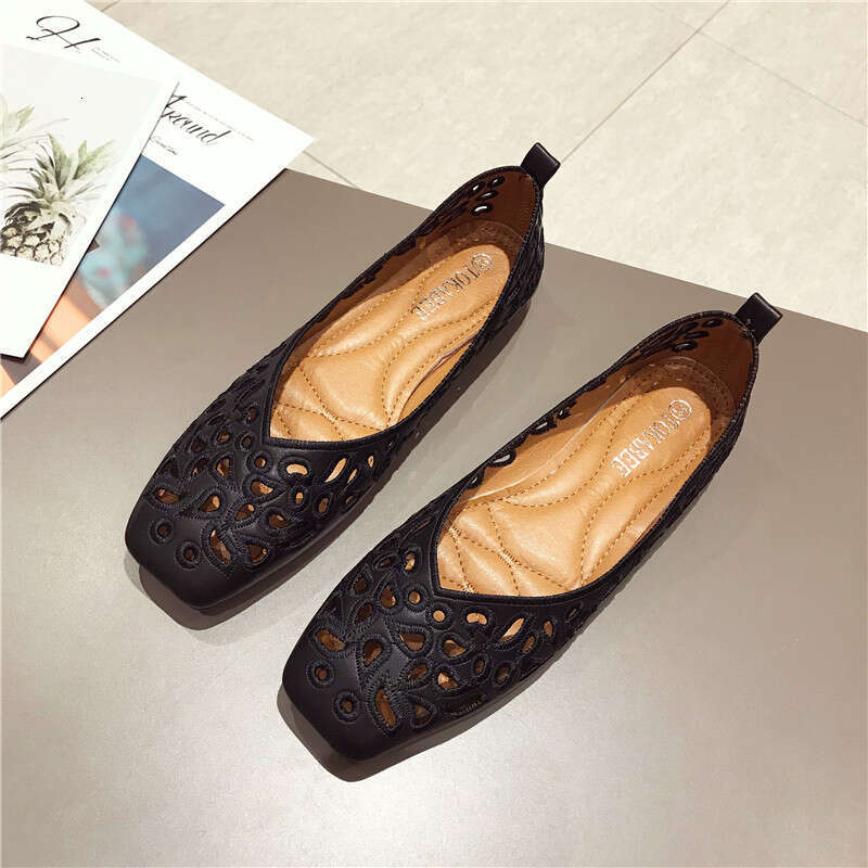 Summer Sandals, Hollowed Out Fashionable Work Black Women's Shoes, Flat Sole, Single Shoe, Hole, Simple Square Toe Shoes