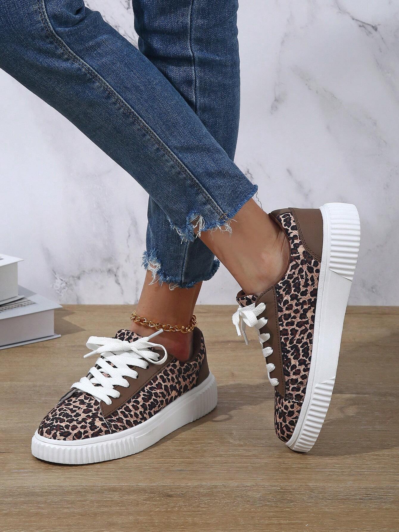Fashionable Leopard Print Women S Sneakers European And American Style Sports Lace Up Casual Athletic Slip Resistant Comfortable Skate Shoes Outdoor W