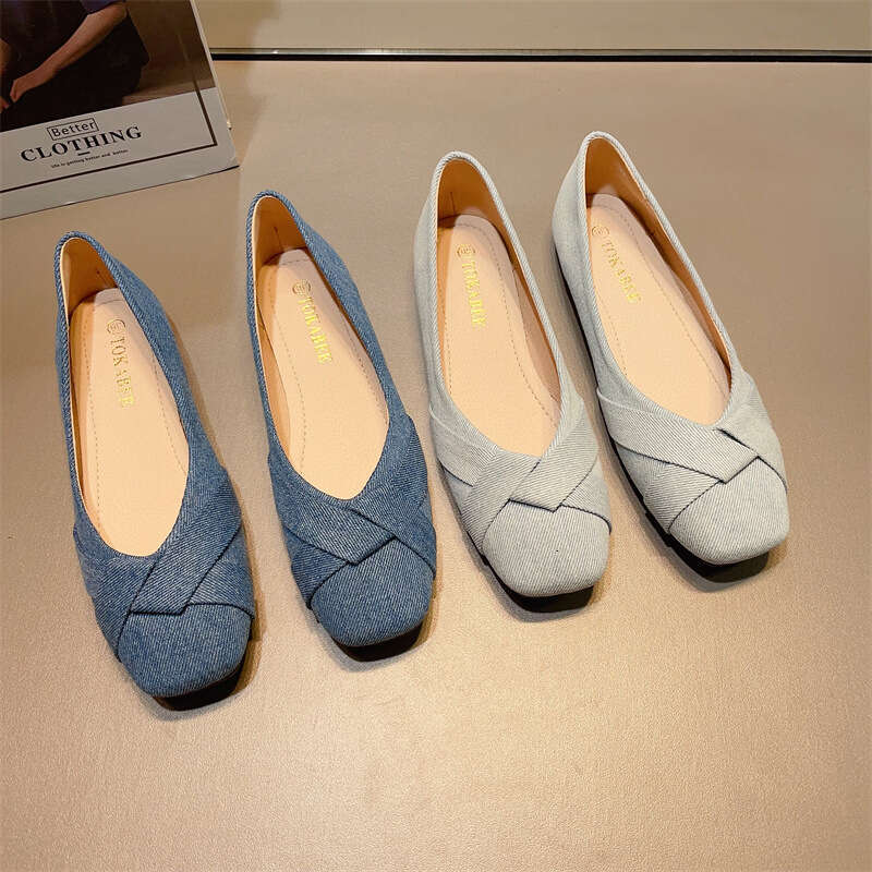 Tmpramnt Fairy Styl Comfortabl Soft Sold Ban Shos For Womn Koran Vrsion Nw Dnim Fabric Surfac Simpl Shallow Mouth Squar To Flat Sol Singl