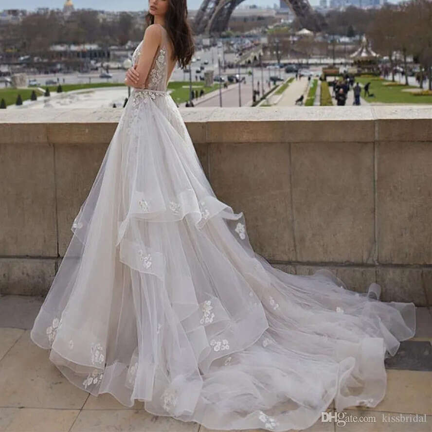 Tulle Newest D A E Wedding Dresses Deep V Necke Open Back Handmade Wers Sweep Train Bridal Gowns Vestido De Novia Estido