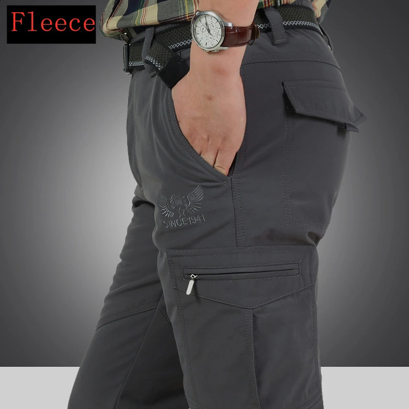 Warm Fleece Winter Pants Thicken Men Zipper Waterproof Work Casual Military Tactical Cargo Male Trousers 4XL 241105