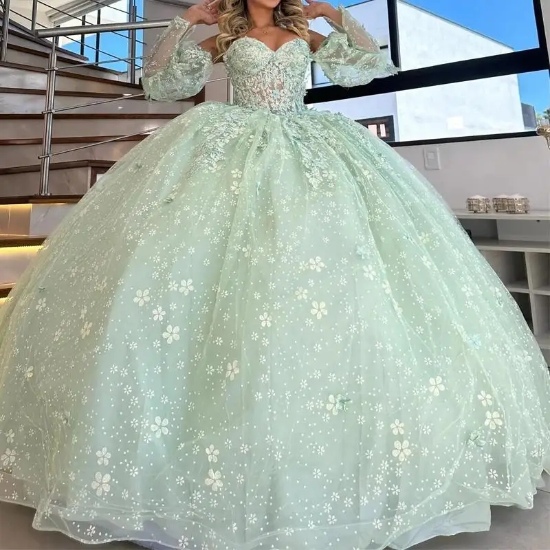 Light Green Quinceanera Dresses Sequin Applique Beads Crystal Bow Tull Ball Gown Vestidos De 15 Anos XV Brithday Sweet 16 Dress