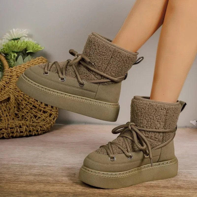 Women's Thick-Soled Cross-Strap Women Winter Round Toe Ck Plush Mid Heel Water Proof Casual Warm Snow Boots