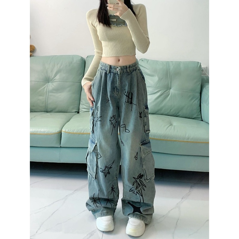 QWEEK Y2k Oversized Vintage Cargo Jeans Woman Hippie Streetwear Haruku Denim Pants Baggy Korean Fashion Trousers Aesthetic