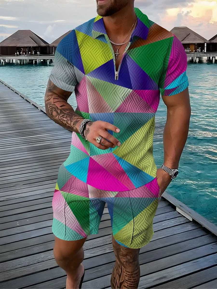 Mens shirt set 3D color geometric print summer sportswear 2-piece set popular zipper shirt+beach shorts W241104