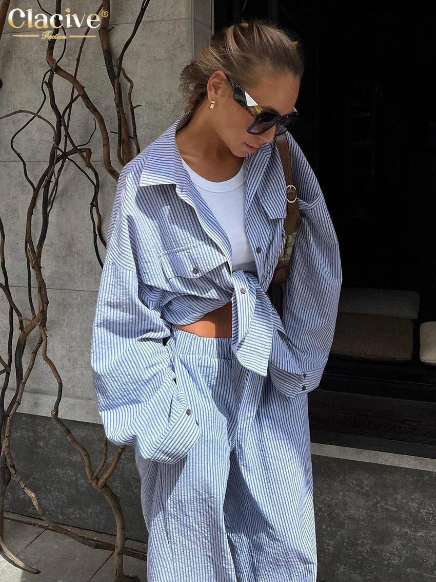 Clacive Fashion Long Sleeve Shirt 2 Piece Sets Women Outfit Casual Loose Print Pants Set Elegant High Waist Wide Trousers Suits 241105