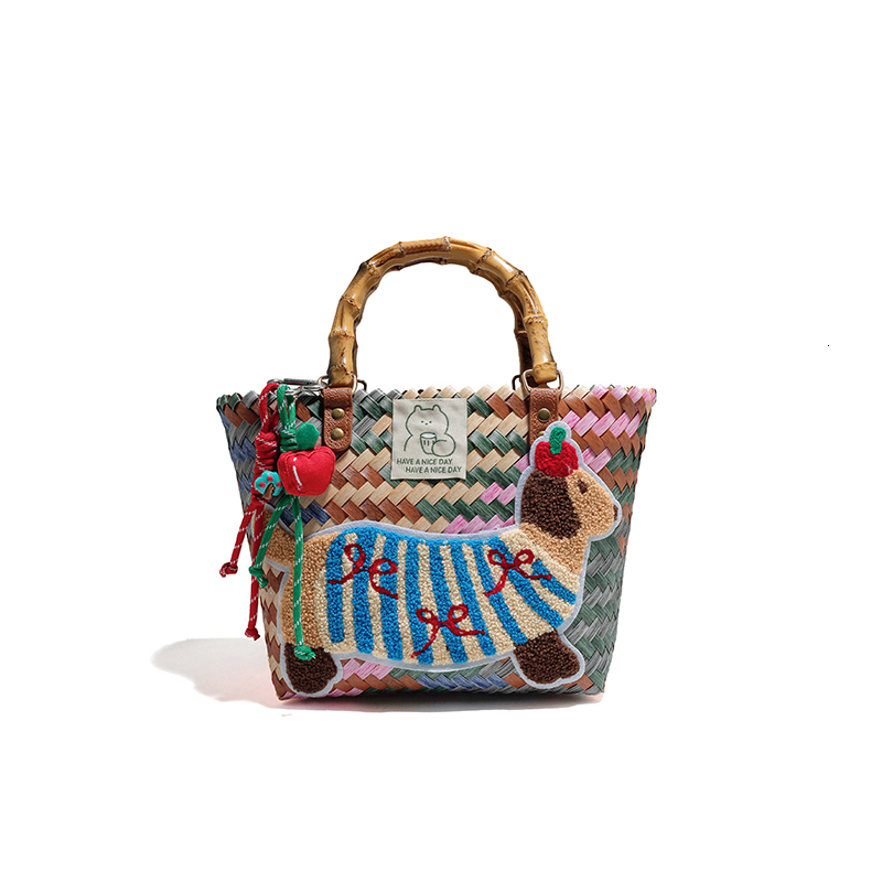 New designer striped sausage dog woven handbag nylon rope pendant handbag handheld women's beach bag fashion bag