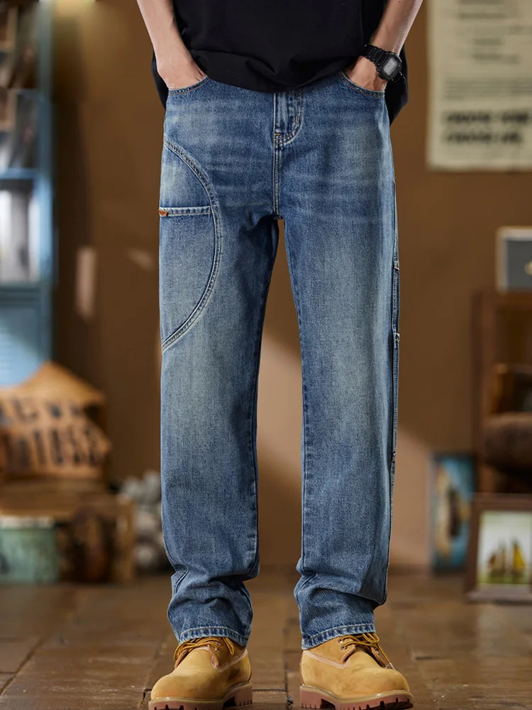 Korean Mens Casual Simplicity Solid Color Blue Long Loose Jeans Classic Male Straight Denim Wideleg Baggy Streetwear Pants 241105