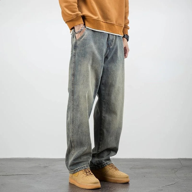 Stretch Mens Jeans Washed Motorcycle Trousers Vintage Man Cowboy Pants Punk Loose Straight Retro Baggy ner Casual Goth Xs 241105
