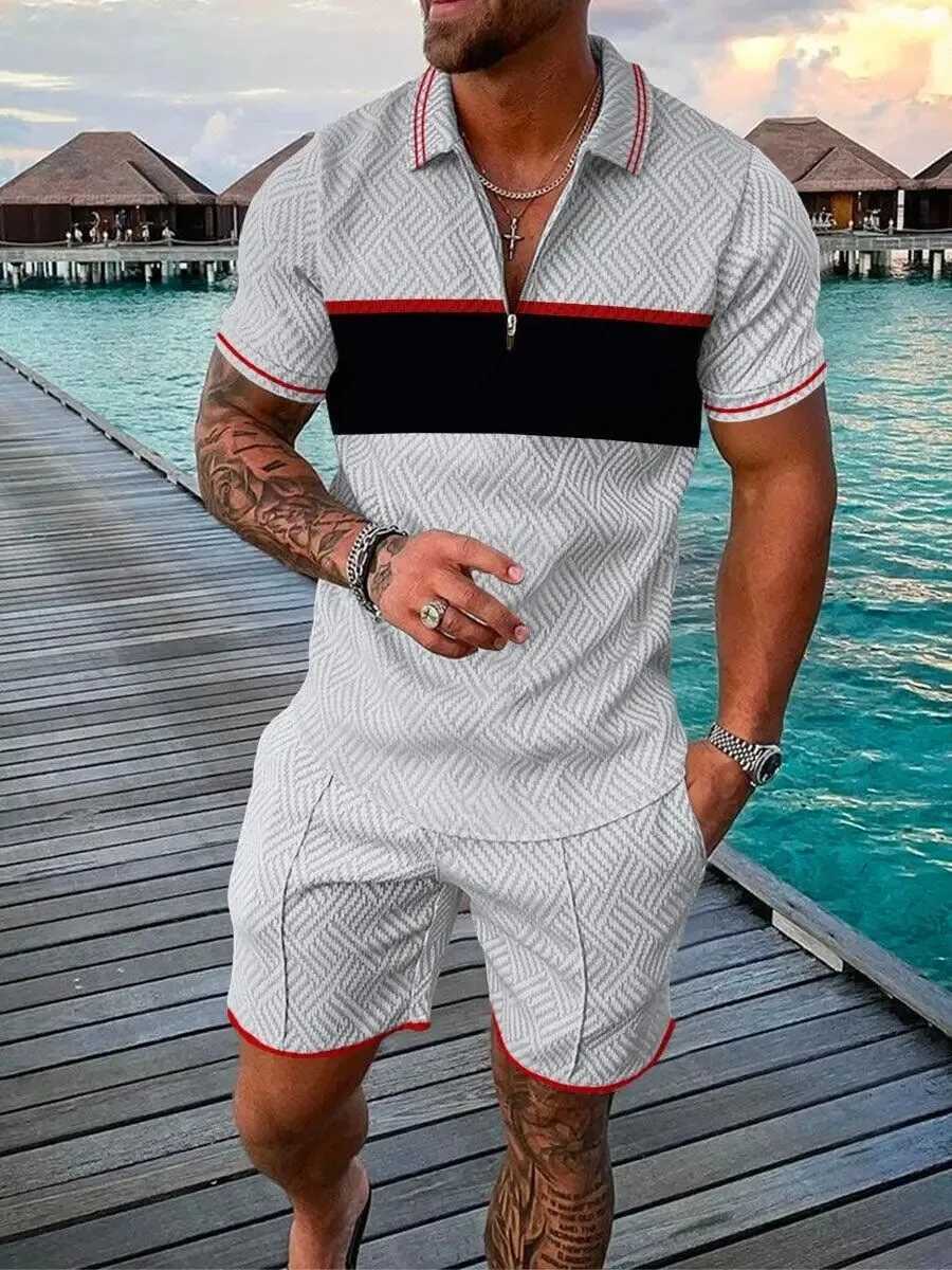 New summer mens fashion trend 3D printed zipper shirt+shorts two-piece set soft and fashionable casual mens track set W241104