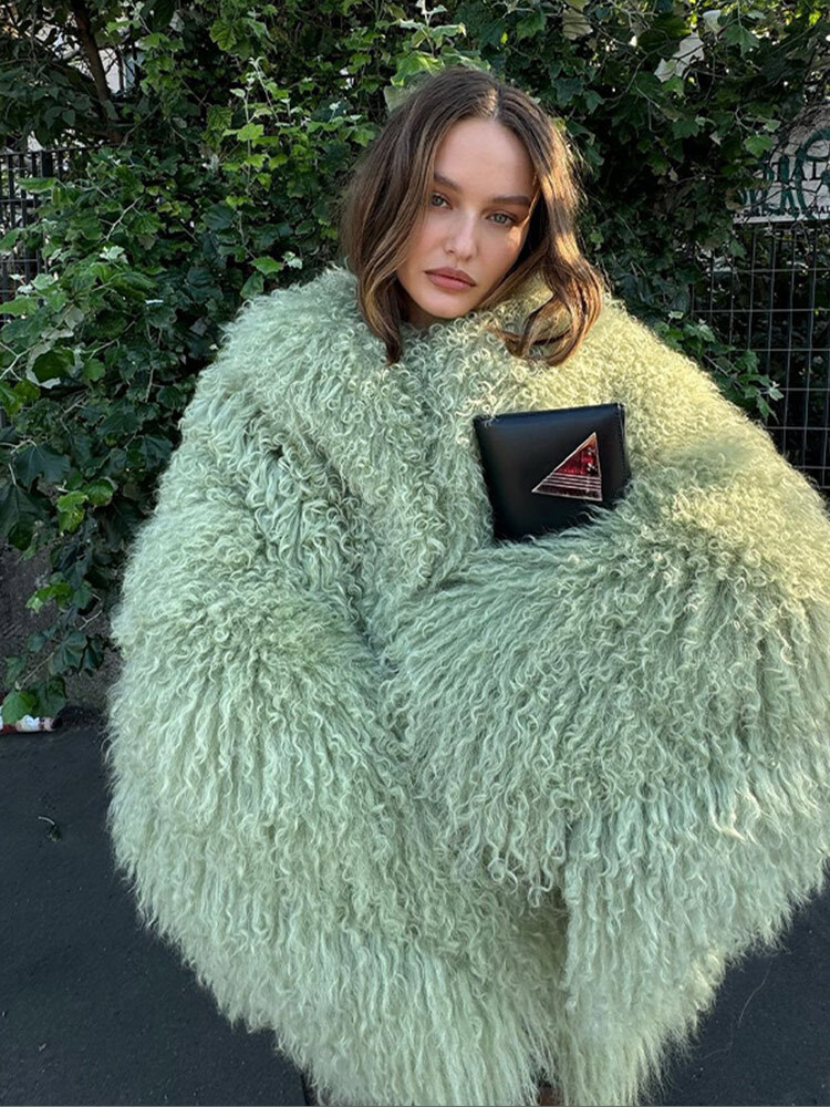 Oversize Green Faux Fur Short Jacket Coat Women Warm Thickened Fluffy Loose Long Sleeve Cardigan 2024 Winter Lady Street Out