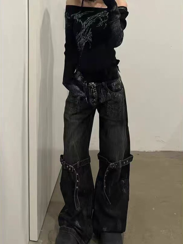 HOUZHOU Black Women's Jeans High Waist Hip Hop Straight Fashion Pants Streetwear Haruku Y2k Star Female Wide Leg Denim Trouser