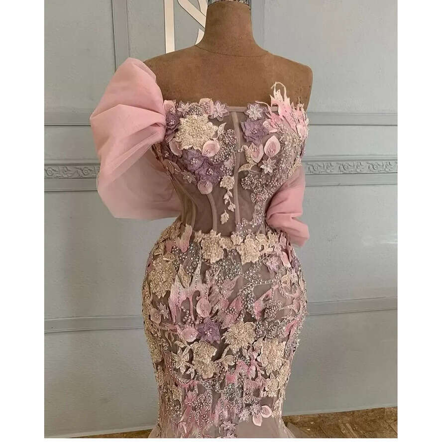 Prom Dresses Pink Mermaid Or Length D Ral Applique Tulle One Shoulder Strap Sexy Illusion Bodice Beaded Crystals Evening Gowns Formal Ocn Wear