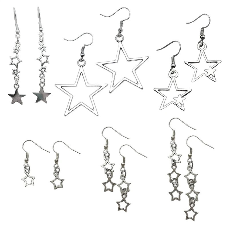 Y1UB 6 Pairs Star Themed Earring Set Hollow Pentagrams Dangle Drop Earrings Y2K Trendy Ear Pendant Accessories for Women 241105