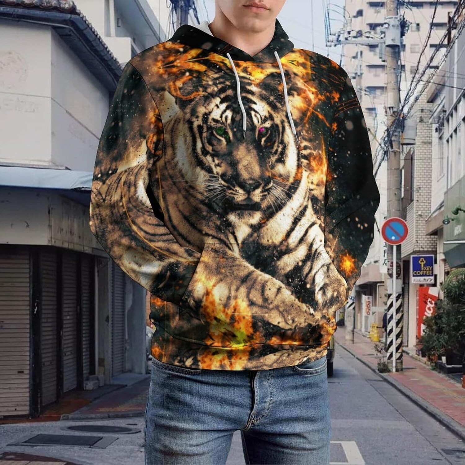 Hoodie for Mens Womens Tiger with Fire Hoodies for Men 3D Print Pullover Hooded Drawstring Loose Sweatshirt with Big Pockets Graphic tiger