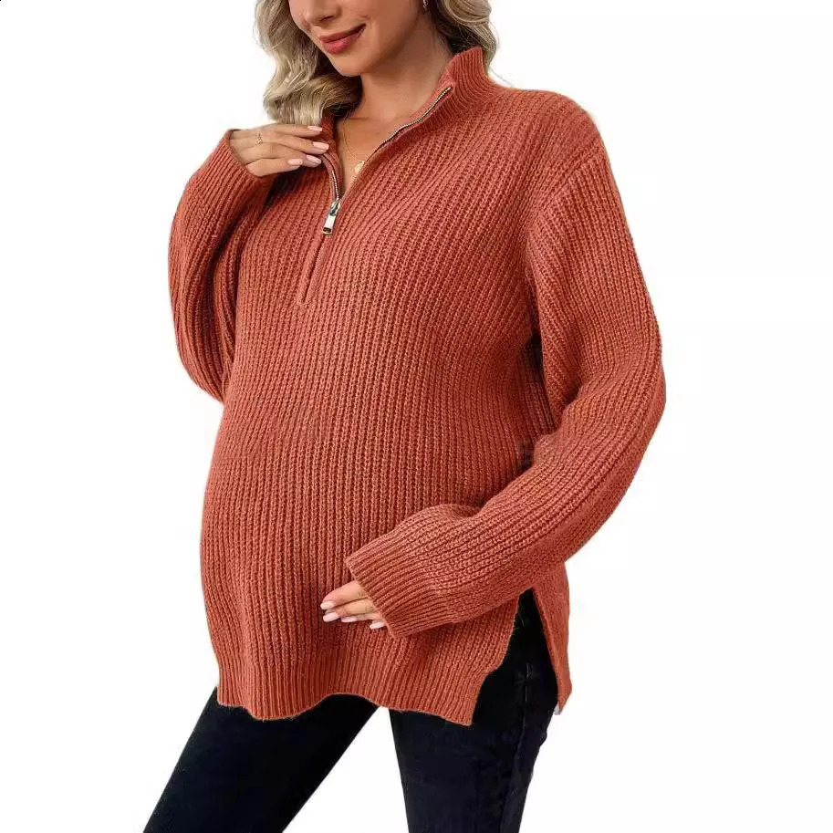 Retro fashion knitted sweater from the United States pregnant womens zipper side split oversized loose top suitable for pregnant women in autumn 24110
