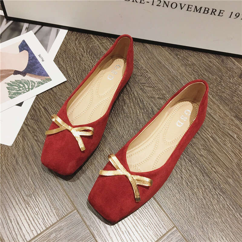 2023 Korean Edition New Solid Color Versatile Daily Red Toast Dress Heel Suede Square Head Shallow Mouth Soft Bottom Flat Shoes