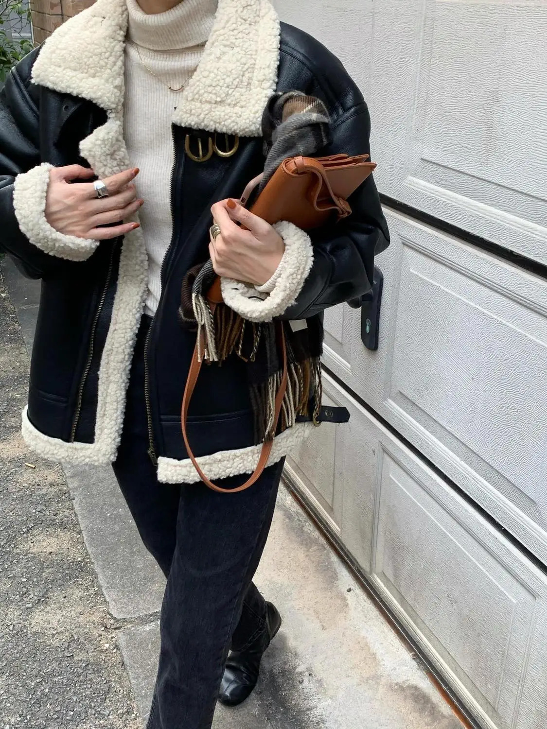 American retro motorcycle style autumn and winter jacket female lapel Y2K leather loose n oversized 241105