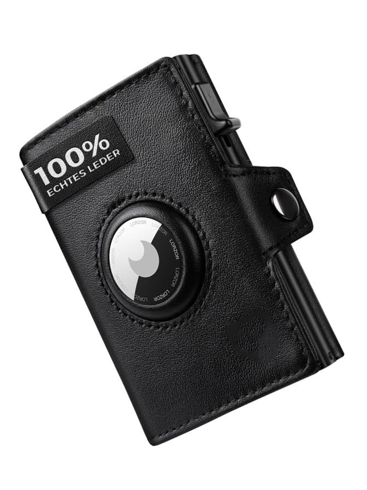 Retro Genuine Leather Automatic Card Bag Positioning Tracker Cowhide Money Case With Pull-out Metal Aluminum Card Box