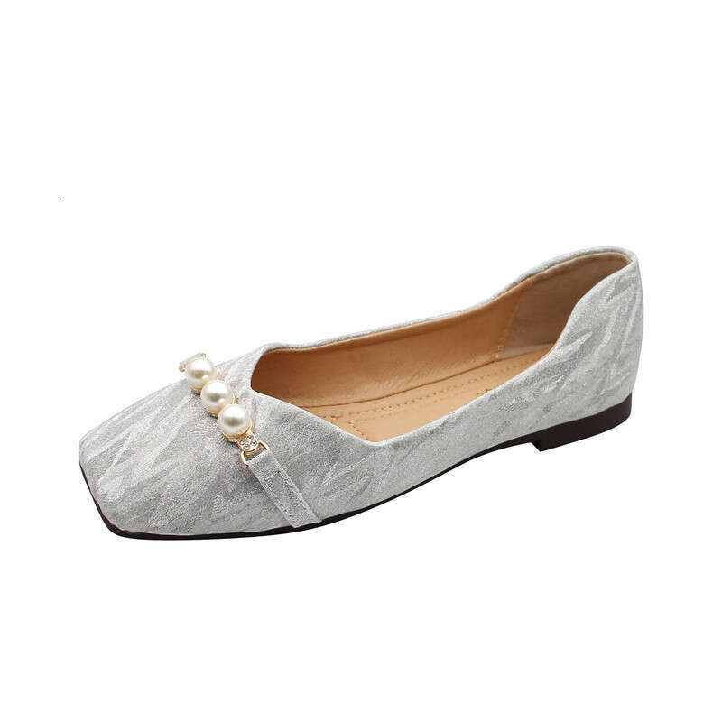 Korean Version Square Toe Shallow Mouth Flat Bottom Single For Women 2023 Summer New Versatile Soft Leather Comfortable Sequined Bean Scoop Shoes