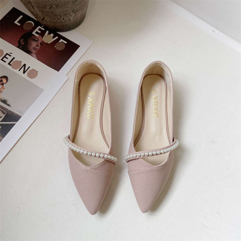 2023 Spring New Korean Edition Shallow Mouth Pointed Soft Bottom Fabric Pearl Lady Versatile Comfortable Flat Women's Shoes