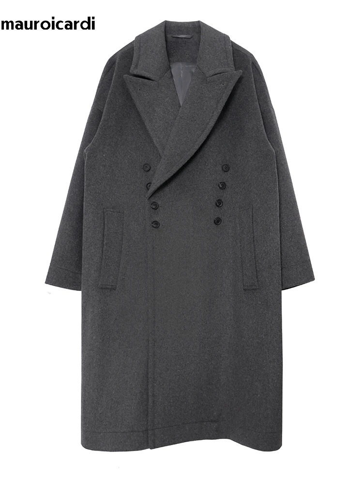 Mauroicardi Autumn Winter Long Oversized Casual Soft Warm Dark Grey Woolen Coats Men Loose Stylish er Clothes 241104