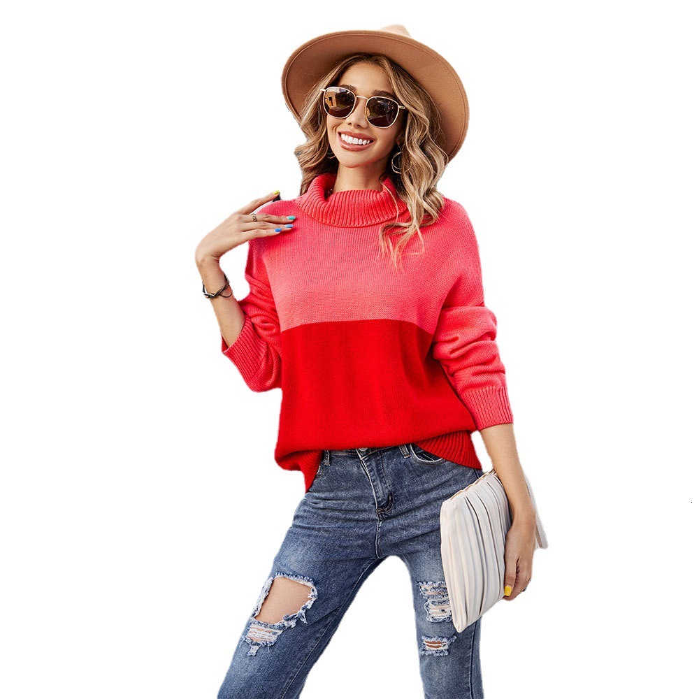 Autumn/Winter Temu Fashion Color Blocked High Neck Loose Casual Hoodie Women's Base Sweater Vintage Sweater