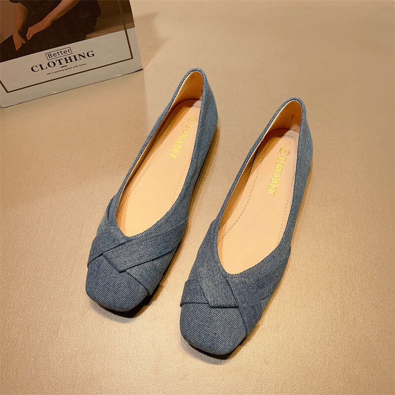 Tmpramnt Fairy Styl Comfortabl Soft Sold Ban Shos For Womn Koran Vrsion Nw Dnim Fabric Surfac Simpl Shallow Mouth Squar To Flat Sol Singl