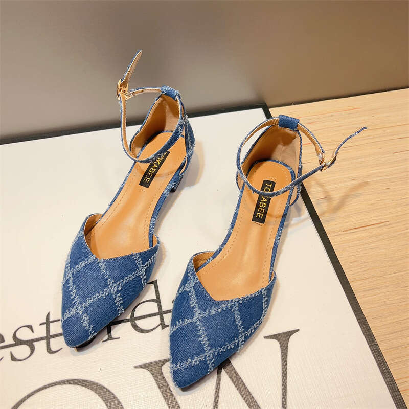 French Style Single Button Women's Korean Version Spring And Summer New Denim Pointed Hollow Thick Heel Fashion Sandals
