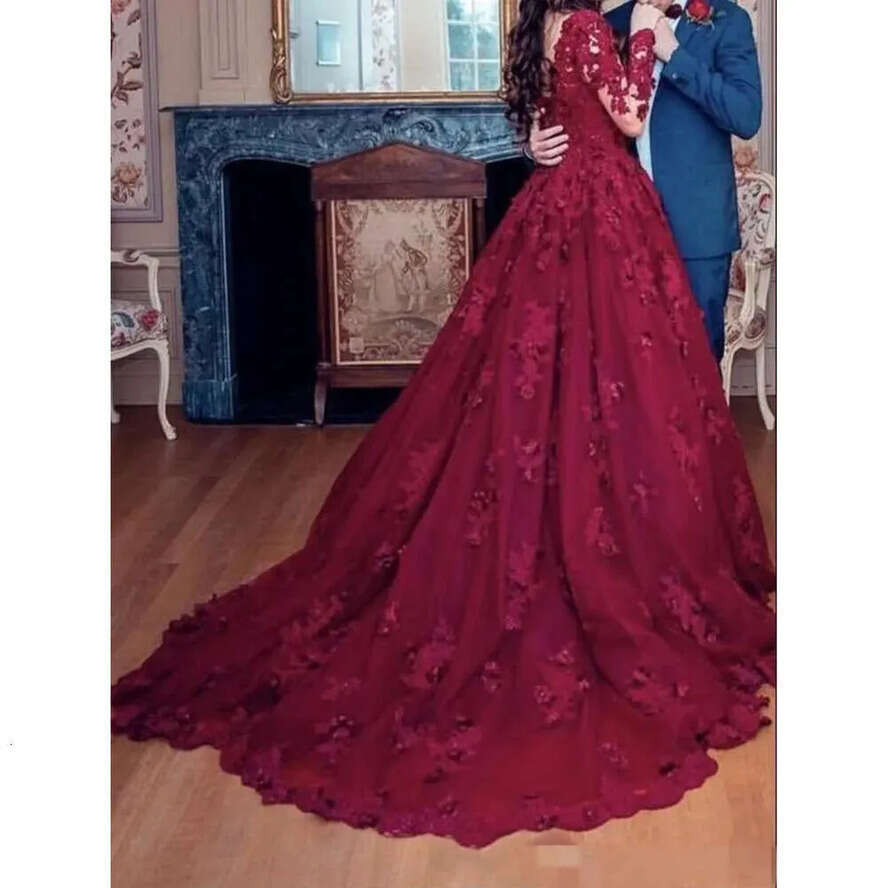 Ral Sleeves Dresses Long Bury D Applique Tulle Lace Sheer Neck Beaded Illusion Wedding Bridal Gown Vestido De Novia