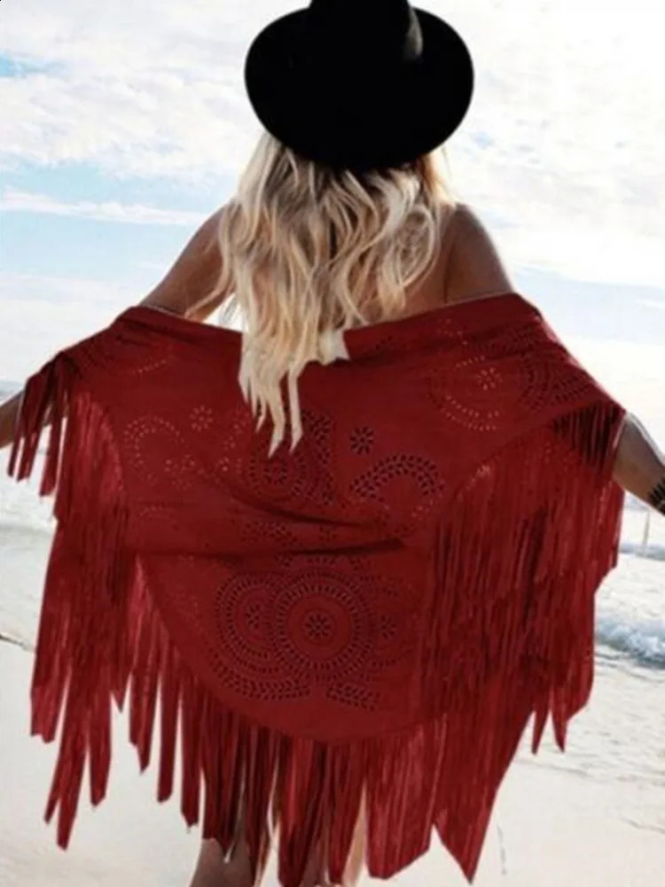 In Camel Suede Floral Hollow Out Fringe Tassel Shawl Women Vintage Bohemian Capes Ponchos Beach Cardigan Boho Cloak 241105