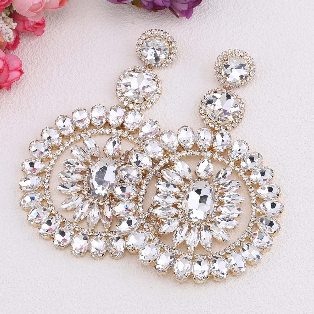 Large Dangle Earrings For Women Girl Elegant Metal Hollow Round Crystal Brincos Pendant Jewelry Accessories 241105
