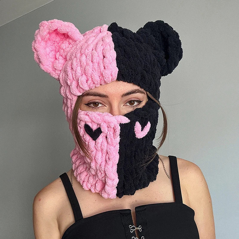 Funny Ears Knitted Hat Beanie Contrast Color Heart Creative Fall Winter Warm Full Face Ski Facewear Caps Windproof for Women 241105