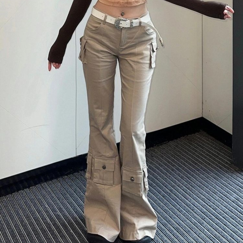QWEEK Y2k Cargo Flare Jeans Woman Vintage Haruku Office Lady Pocket Denim Pants America Retro Street Fashion Trousers 2024