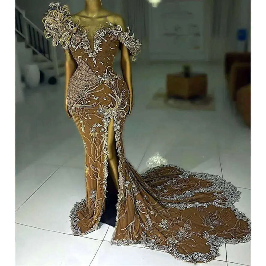 Aso Mermaid Ebi Prom Gold Dress Lace Beaded Evening Formal Party Second Reception Birthday Bridesmaid Engagement Gowns Dresses Robe De Soiree Zj Es