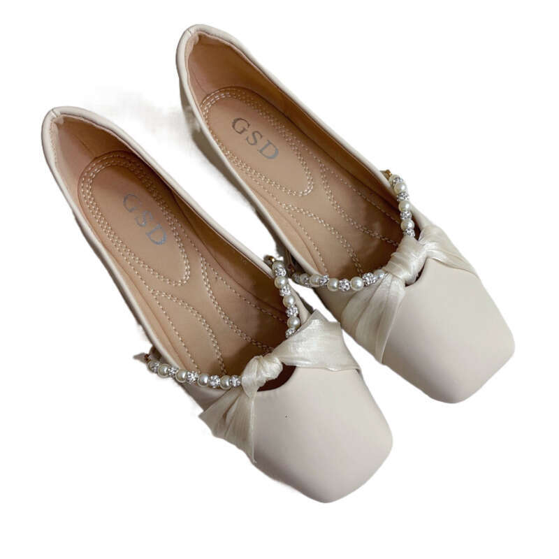 Fairy Style Evening For Women Korean Version Spring/Summer New Item Beaded Square Toe Shallow Mouth Leather Soft Sole French Women's Singles Shoe