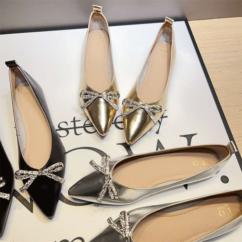 Korean Version Of Spring And Summer New Versatile Silver Shallow Mouth Single For Women, Pointed Soft Soled Flat Shoes, Rhinestone Butterfly Bow Scoop