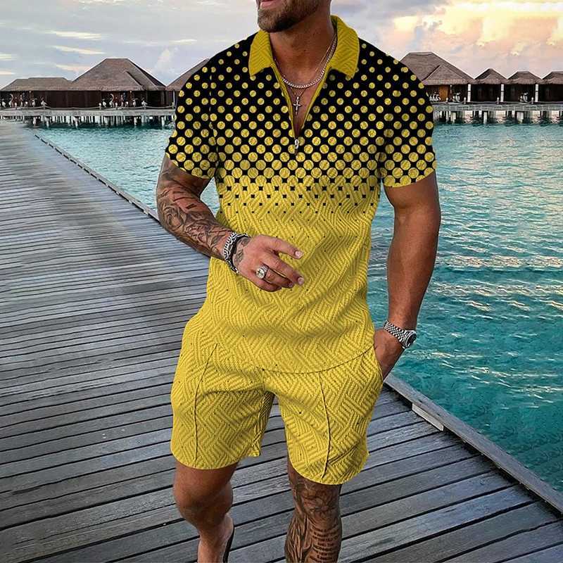 2023 Summer Mens Fashion Casual 3D Printed V-neck Zipper Short Sleeve Shirt Mens Set 2-piece Mens W241104